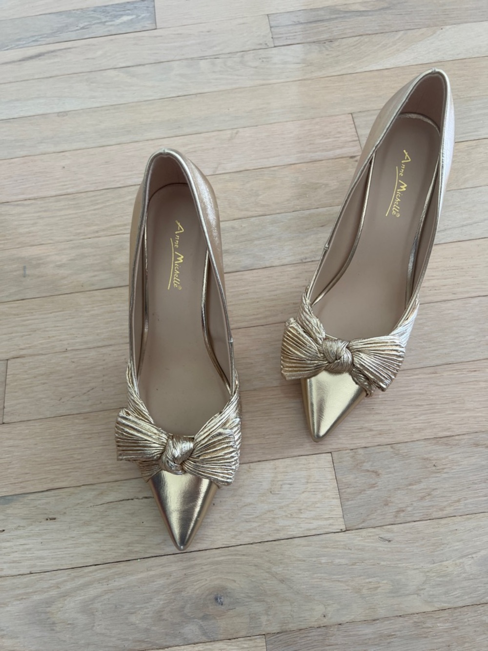 Anne Michelle Metallic Gold Pointed Bow Flats